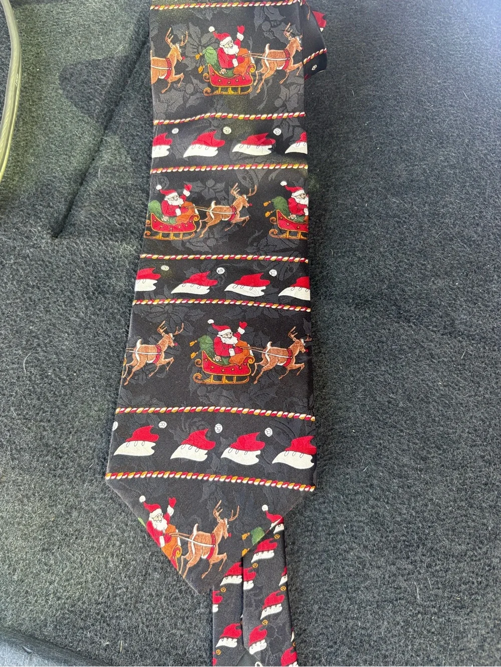 Black Santa & Reindeer Holiday Tie with Red Accents